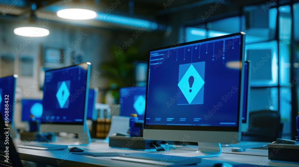 Fototapeta premium All office computers display a blue screen with a large warning sign, indicating a widespread system error or malfunction.