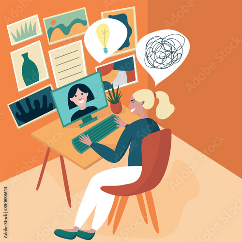 Online session with psychologist at home. Blond woman sitting at desk and talking to psychologist  using computer vector flat illustration.