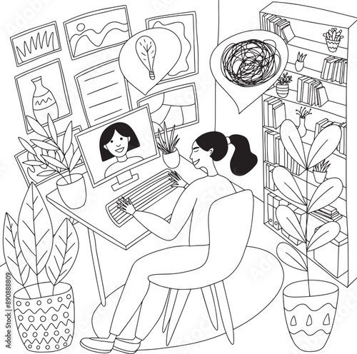 Coloring page with woman having online session with psychologist at home