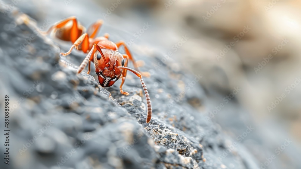 Detailed close-up of a red ant on a rock surface with the focus on the ant’s intricate features. The background is softly blurred to highlight the ant prominently. Detailed close-up of a red ant on a rock surface with the focus on the ant’s intricate features. The background is softly blurred to highlight the ant prominently.