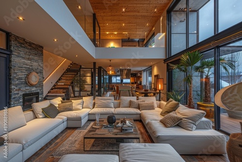 Spacious room with elegant sofa. Minimalist loft luxury home interior design of modern living room in villa, Generative AI © Visual Wonders