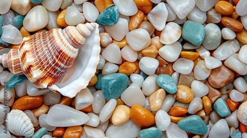 close-up of a textured seashell on a vividly colored beach photo