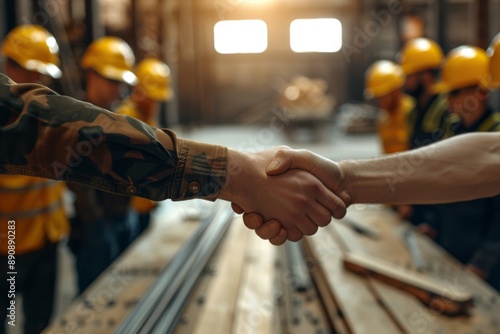 Yellow hard hat on desk with construction workers shaking hands for new project contract, symbolizing partnership and teamwork at construction site. © 为轩 张