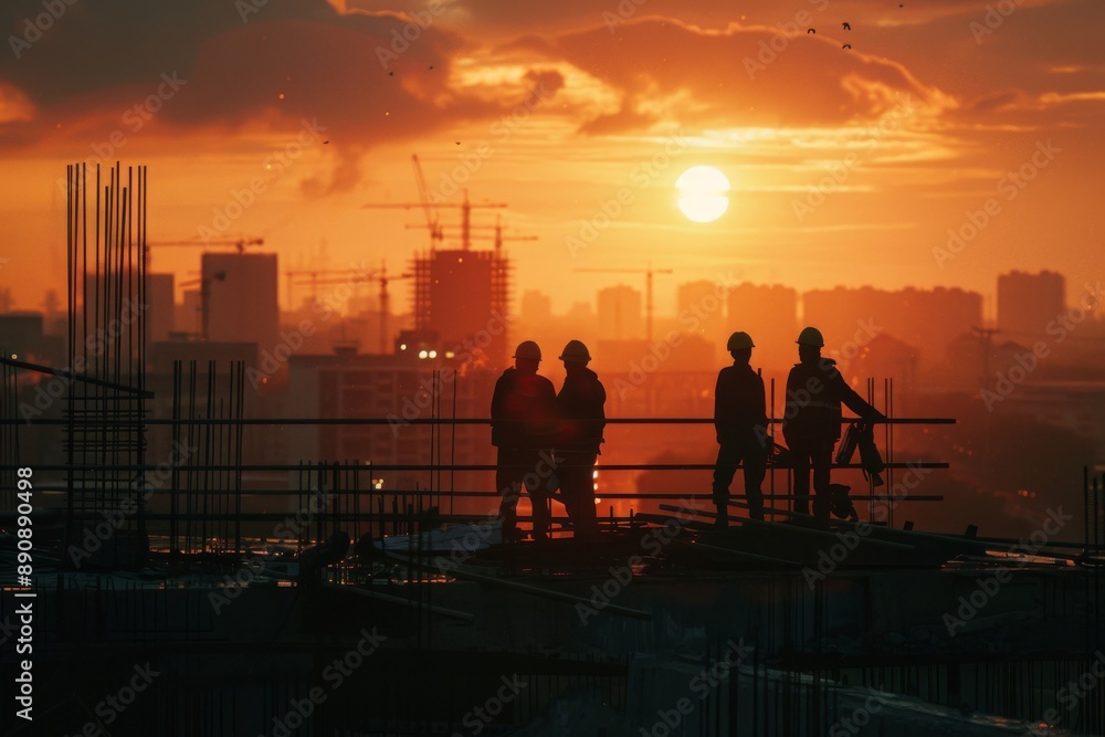 Obraz premium Silhouetted commercial engineering teams at sunset, examining construction blueprints against a blurred construction site backdrop, symbolizing project planning and development.