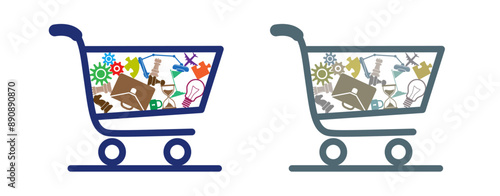 Color shopping cart icon with gears, bulb, chess pieces, lamp, bulb vector illustration. Supermarket cart symbol design to use for commerce, business marketing strategy, web commerce design projects.