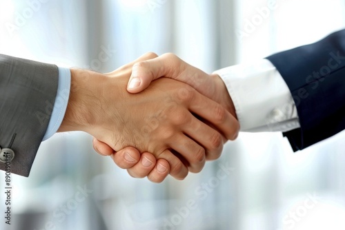 Businessman's handshake during a meeting symbolizing partnership and collaboration in a professional setting. photo