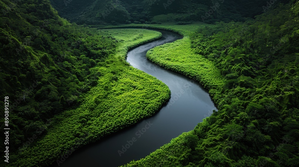An aerial depiction of a picturesque river snaking its way through a verdant and vibrant green valley, highlighting the majestic and pristine beauty of natural landscapes. An aerial depiction of a picturesque river snaking its way through a verdant and vibrant green valley, highlighting the majestic and pristine beauty of natural landscapes.