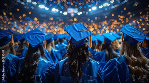 Graduation ceremony invitation featuring open area writing space right side scene show graduate walking across stage receive their diploma proud audience applauding writing space includes photo