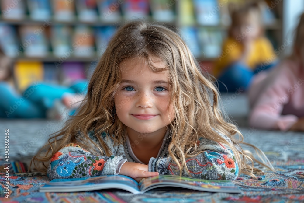 Young Girl Reading a Book in a Library