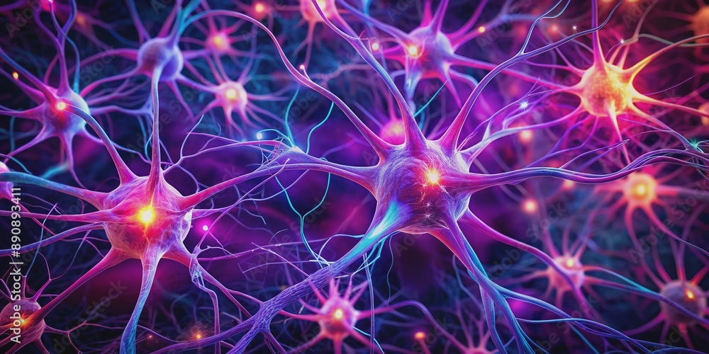 Vibrant pink and purple hues illuminate intricate neural connections ...
