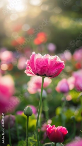 A photographer using a shallow depth of field to focus on a single flower in a garden
