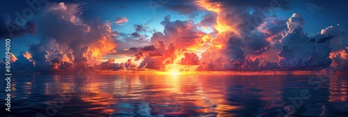 panoramic view of a colorful sunset sky over the ocean with beautiful clouds © idaline!