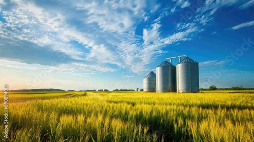 Fototapeta Naklejka Na Ścianę i Meble -  A picturesque countryside scene with grain silos standing tall against a blue sky.