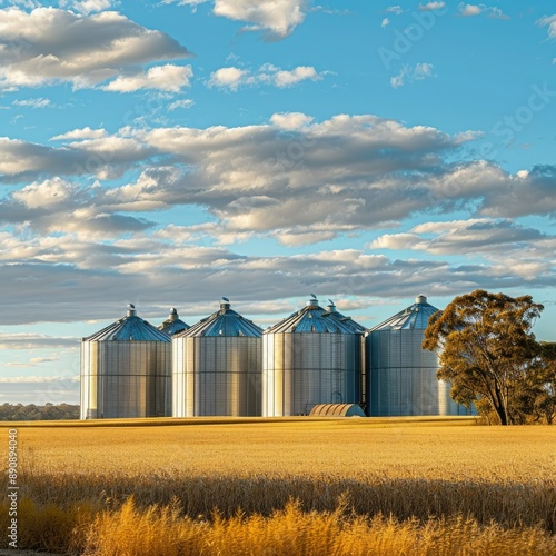 A picturesque countryside scene with grain silos standing tall against a blue sky.