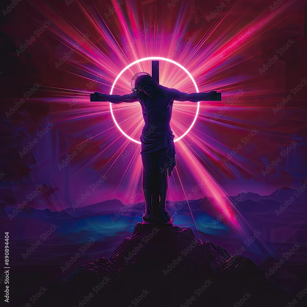 A silhouette of Jesus on the cross with a radiant, glowing halo around him. A silhouette of Jesus on the cross with a radiant, glowing halo around him.