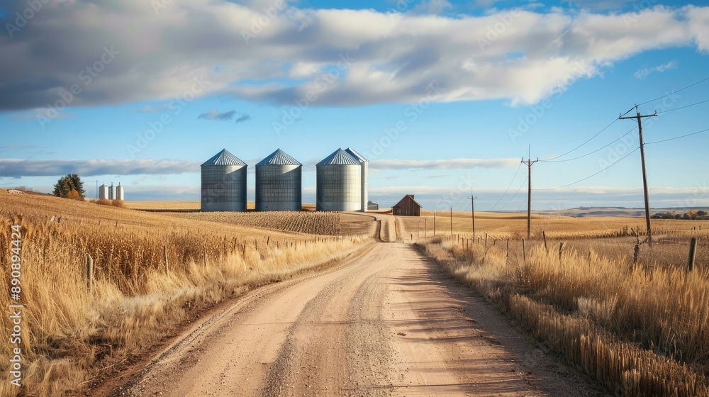 A tranquil countryside scene with grain silos and a dirt road leading to a distant farm. A tranquil countryside scene with grain silos and a dirt road leading to a distant farm.