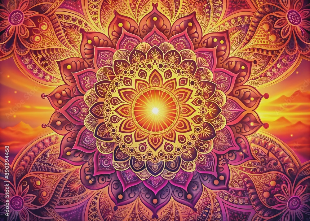 Vibrant abstract mandala pattern set against a warm sunset backdrop, featuring swirling colors of pink, orange, yellow, and purple in an intricate design. Vibrant abstract mandala pattern set against a warm sunset backdrop, featuring swirling colors of pink, orange, yellow, and purple in an intricate design.