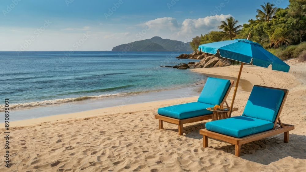 Fototapeta premium Tropical beach relaxation: two lounge chairs with umbrella by the ocean on a sunny day with islands in the background