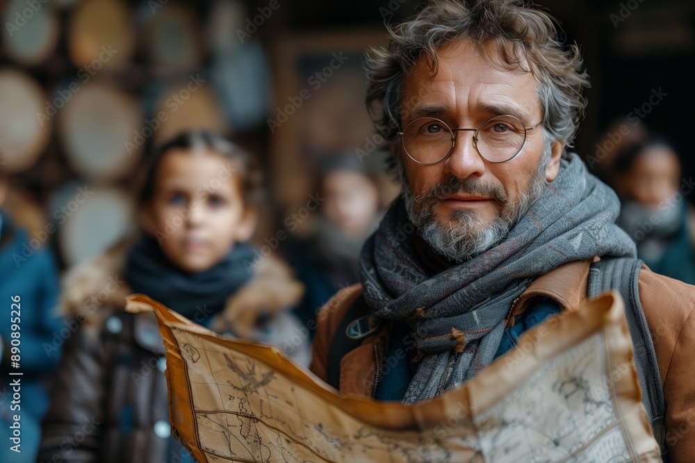 Man With Gray Beard Reading Map in Outdoor Setting Man With Gray Beard Reading Map in Outdoor Setting