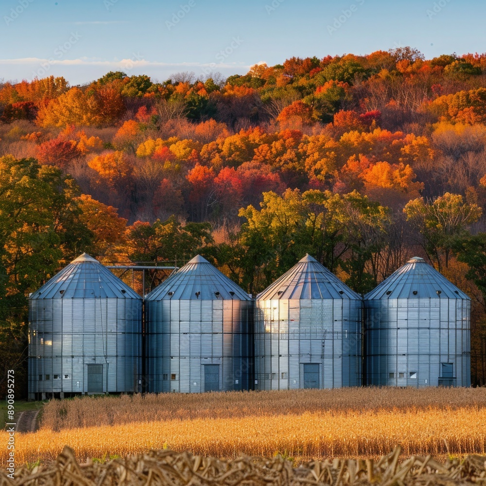 Grain silos in the countryside with a background of vibrant autumn foliage. 