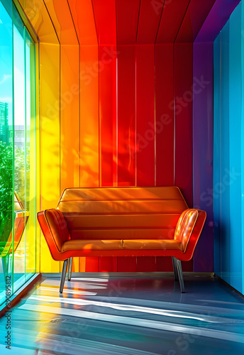 Bright, colorful room showcasing vibrant rainbow hues with a cozy orange sofa, ideal for modern interior design, advertising, and creative projects. photo