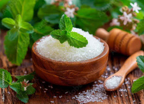 Close-up of natural non-caloric sugar made from the stevia rebaudiana bertoni plant. Refined sugar with its natural form in a small evergreen bush plant. photo