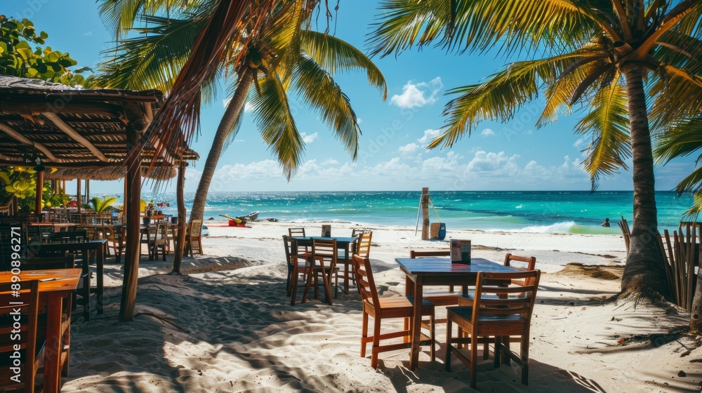 chairs and tables on a paradise beach with palm trees on a sunny day chairs and tables on a paradise beach with palm trees on a sunny day