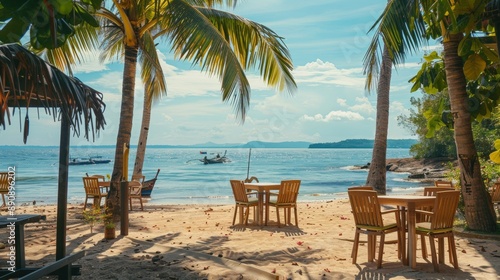 chairs and tables on a paradise beach with palm trees on a sunny day © Marco