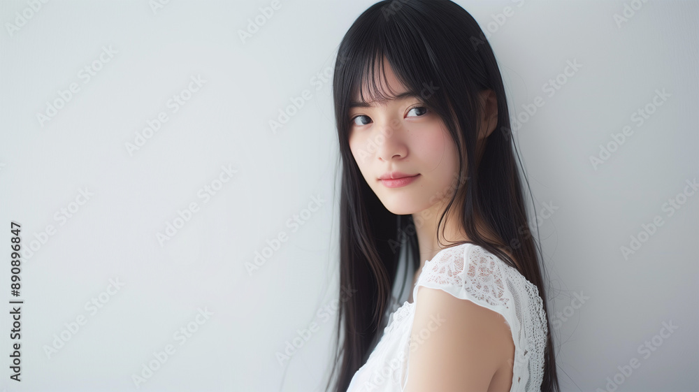 白い背景のレースディテールの白いドレスの日本人女性 白い背景のレースディテールの白いドレスの日本人女性
