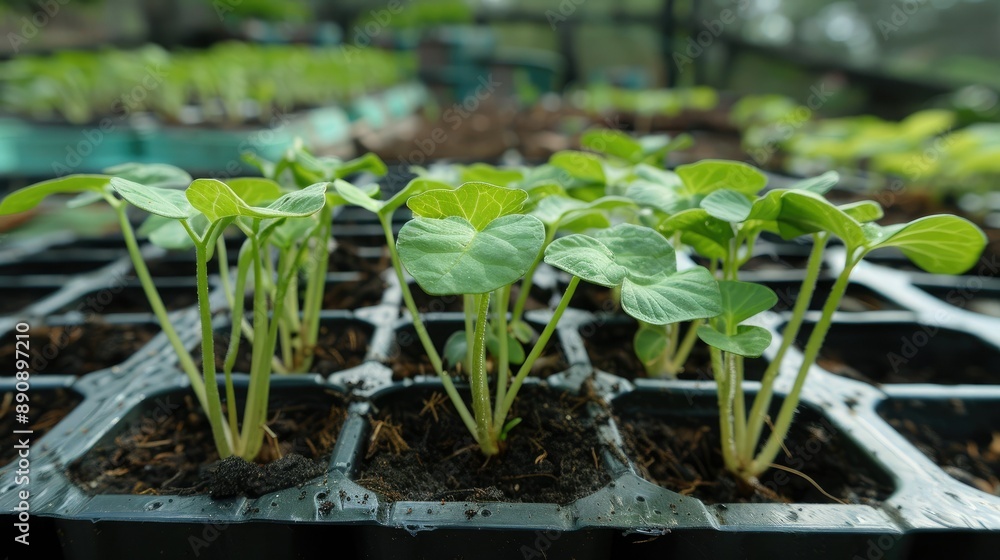 Young seedlings sprouting in a pot, with lush green leaves and visible roots. Young seedlings sprouting in a pot, with lush green leaves and visible roots.