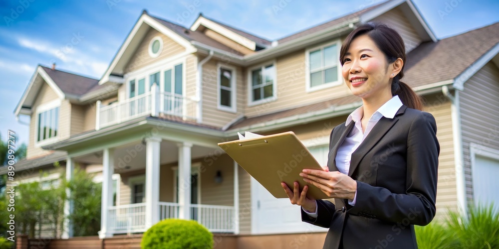 Asian woman getting a real estate appraisal , real estate, estimate, appraisal, property, evaluation, Asian, woman