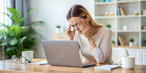 Tired woman feeling eye strain while working on computer at home, eye strain, computer work, female, tired © Selene Studio