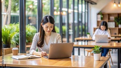 Asian woman studying in a coworking space, Asian, woman, studying, coworking, space, desk, laptop, books