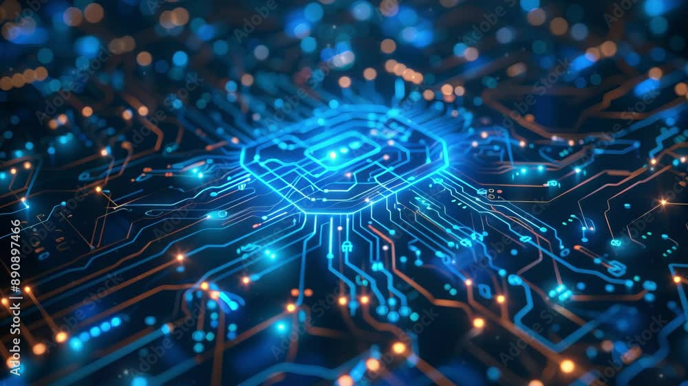 Tech Picture Reference. Abstract Blue Circuit with AI Symbols. Background for technology and business Tech Picture Reference. Abstract Blue Circuit with AI Symbols. Background for technology and business