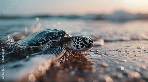 A marine turtle is emerging from the sea onto the sandy beach under the soft, warm light of dawn. The soft waves and reflective water around it make the scene picturesque and calming. photo