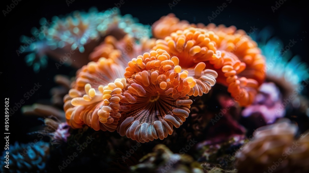 This image showcases a close-up view of vibrant, colorful coral formations in the deep ocean, highlighting their intricate details and natural beauty. This image showcases a close-up view of vibrant, colorful coral formations in the deep ocean, highlighting their intricate details and natural beauty.
