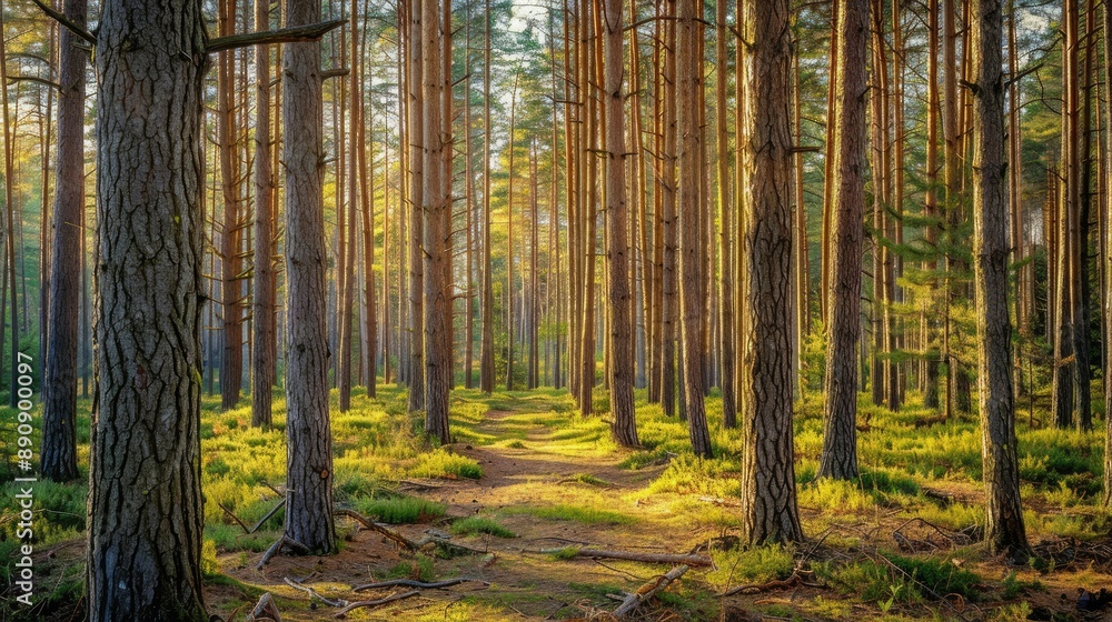 Obraz premium Panorama of a pine forest with sunlight penetrating the trees. High resolution panoramic landscape