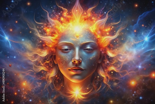 Vibrant flames encircle a glowing, ethereal face amidst a star-studded night sky, symbolizing spiritual awakening, inner growth, and a profound connection to the cosmos.