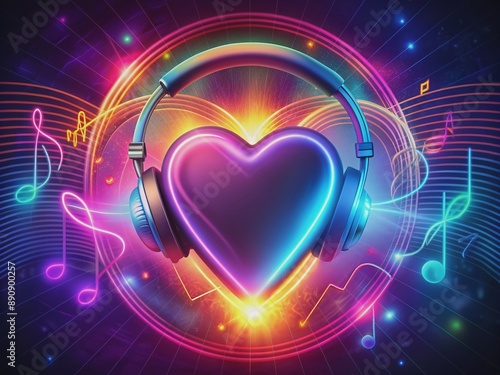 Vibrant neon heart surrounded by headphones and musical notes, symbolizing healing power of music therapy and emotional wellness in a futuristic abstract setting. photo