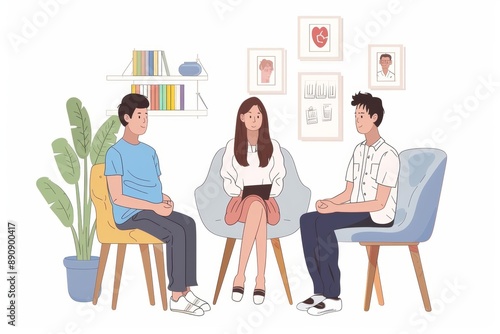 depression asian young couple love, woman, man patient consulting problem mental health with psychologist, psychiatrist at clinic together, wife encouraging husband, therapy health, Generative AI