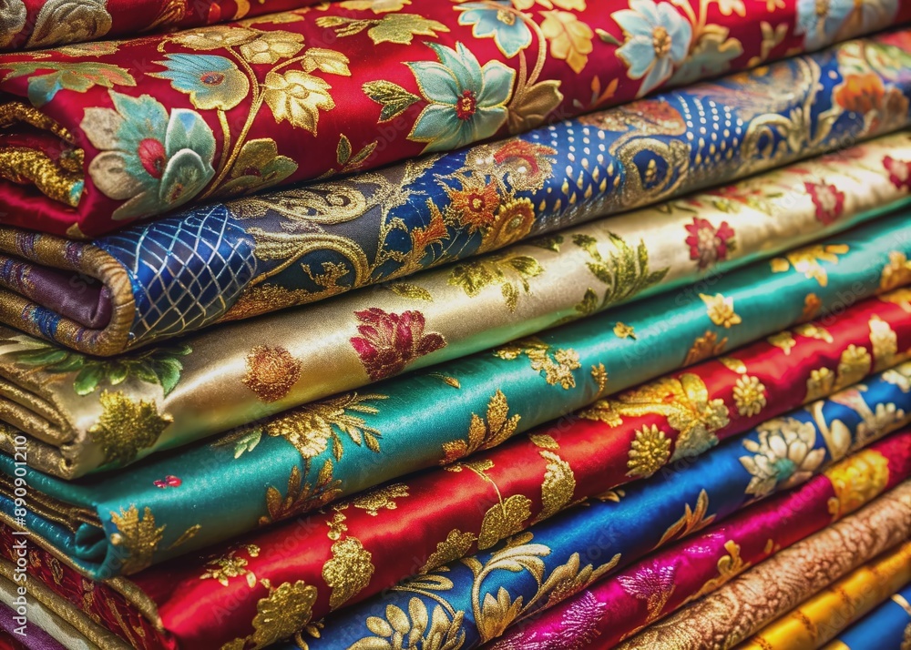 Vibrant pile of exquisite Chinese silk fabrics showcasing elegant colorful floral patterns, intricate gold and silver embroidery, and lavish textures, ideal for luxury and cultural designs. Vibrant pile of exquisite Chinese silk fabrics showcasing elegant colorful floral patterns, intricate gold and silver embroidery, and lavish textures, ideal for luxury and cultural designs.