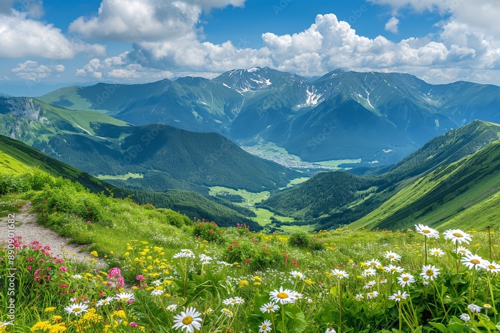 Fototapeta premium Mountain landscape with wildflowers in the foreground and blue sky with clouds