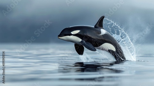 A stunning image of an orca breaching the water surface, showcasing its power and grace against a serene ocean background.