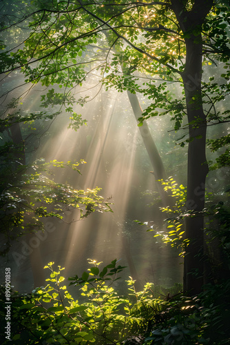 Serene Sunlit Forest: Capturing Ethereal Sunbeams and Natural Beauty in a Tranquil Woodland Setting