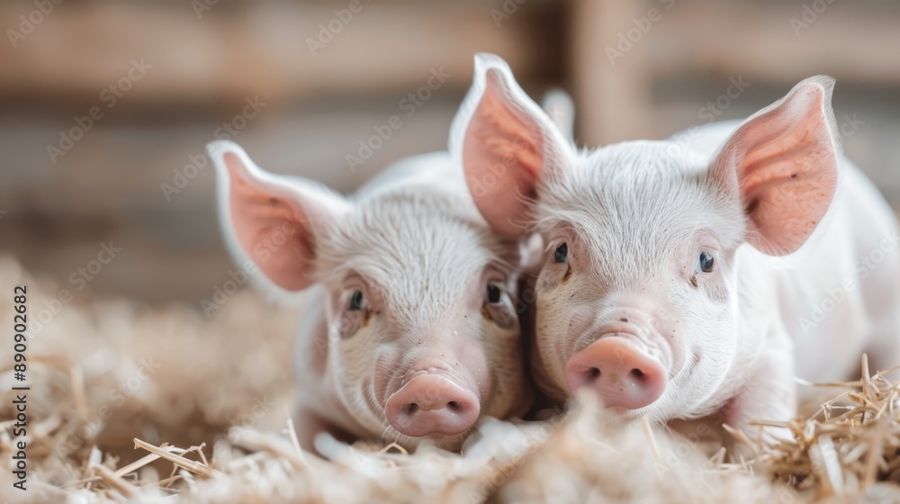 Two adorable piglets lying close together on a bed of straw inside a barn, highlighting the bond and camaraderie of these young farm animals in a cozy setting. Two adorable piglets lying close together on a bed of straw inside a barn, highlighting the bond and camaraderie of these young farm animals in a cozy setting.