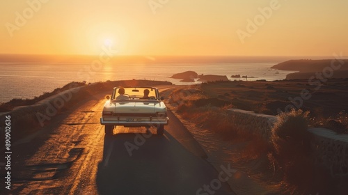 Sunset road trip with friends in a vintage car along a coastal route