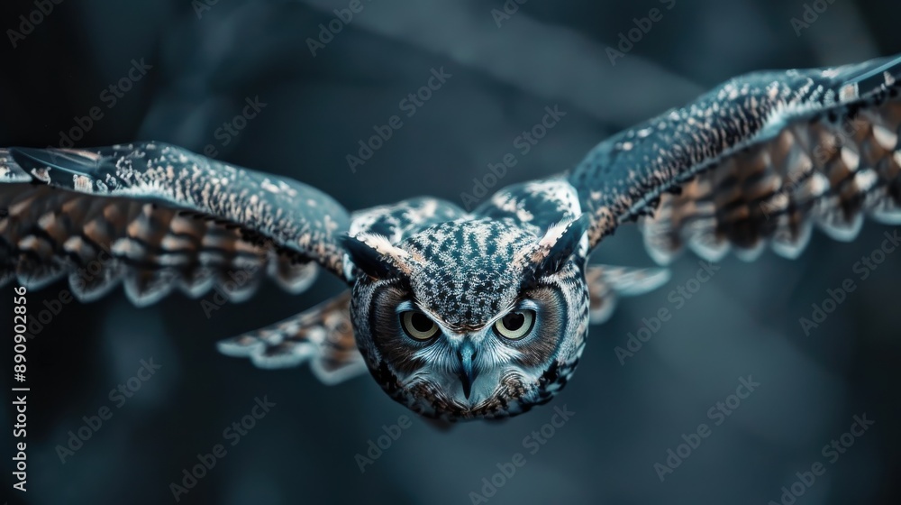 An owl in concentrated flight over a winter landscape, displaying keen focus and sharp eyes as it navigates the cold, snowy environment with a sense of purpose and serenity. An owl in concentrated flight over a winter landscape, displaying keen focus and sharp eyes as it navigates the cold, snowy environment with a sense of purpose and serenity.