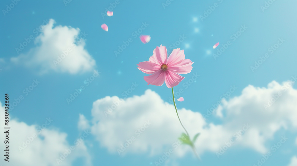Fototapeta premium Pink Cosmos in Blue Sky: A single, delicate pink cosmos flower dances against a vibrant blue sky, adorned with fluffy white clouds and falling petals.