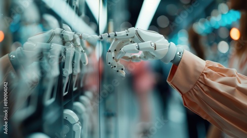 A detailed view of a robotic hand, with mechanical fingers, touching a glass surface, depicting a seamless interaction between advanced technology and human-designed interfaces. photo