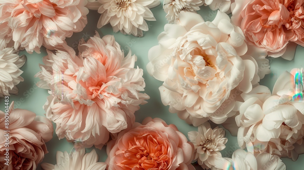 This image features a beautifully arranged collection of soft-hued flowers, including peonies and dahlias, displayed on a pale background for an elegant presentation. This image features a beautifully arranged collection of soft-hued flowers, including peonies and dahlias, displayed on a pale background for an elegant presentation.